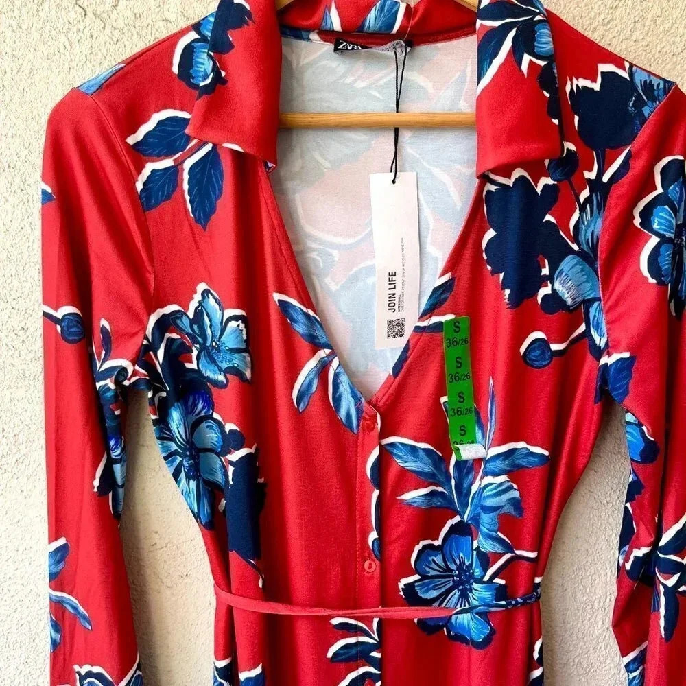 NWT Zara Midi Shirt Dress Red Blue Floral Long Sleeve Size Small - Picture 4 of 10